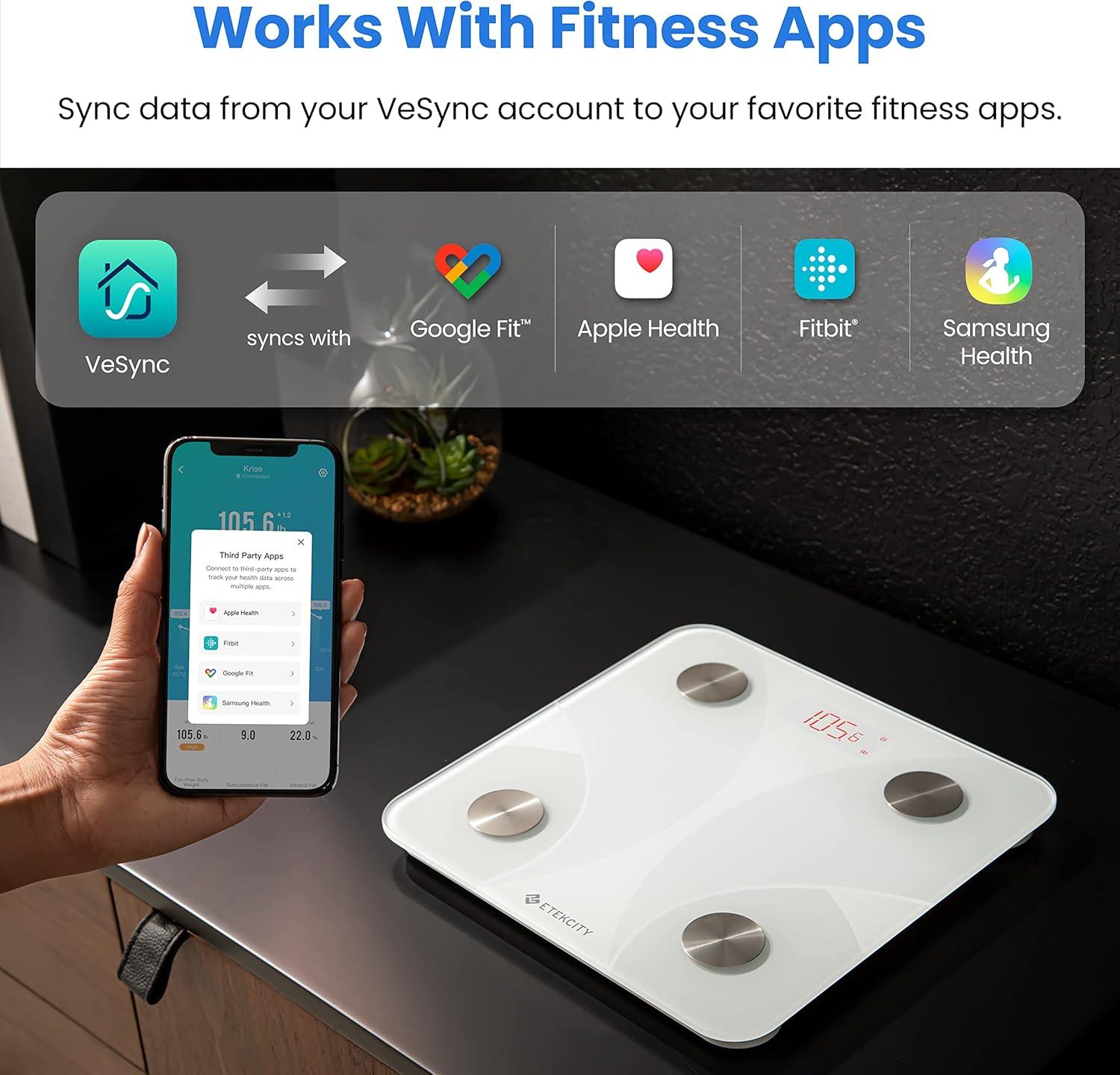 imageEtekcity Smart Scale for Body Weight FSAampHSA Eligible Bathroom Digital Weighing Scale with BMI Body Fat Muscle Mass Accurate Bluetooth Home User Health Equipment Sync Apps LED Tempered glassWhite