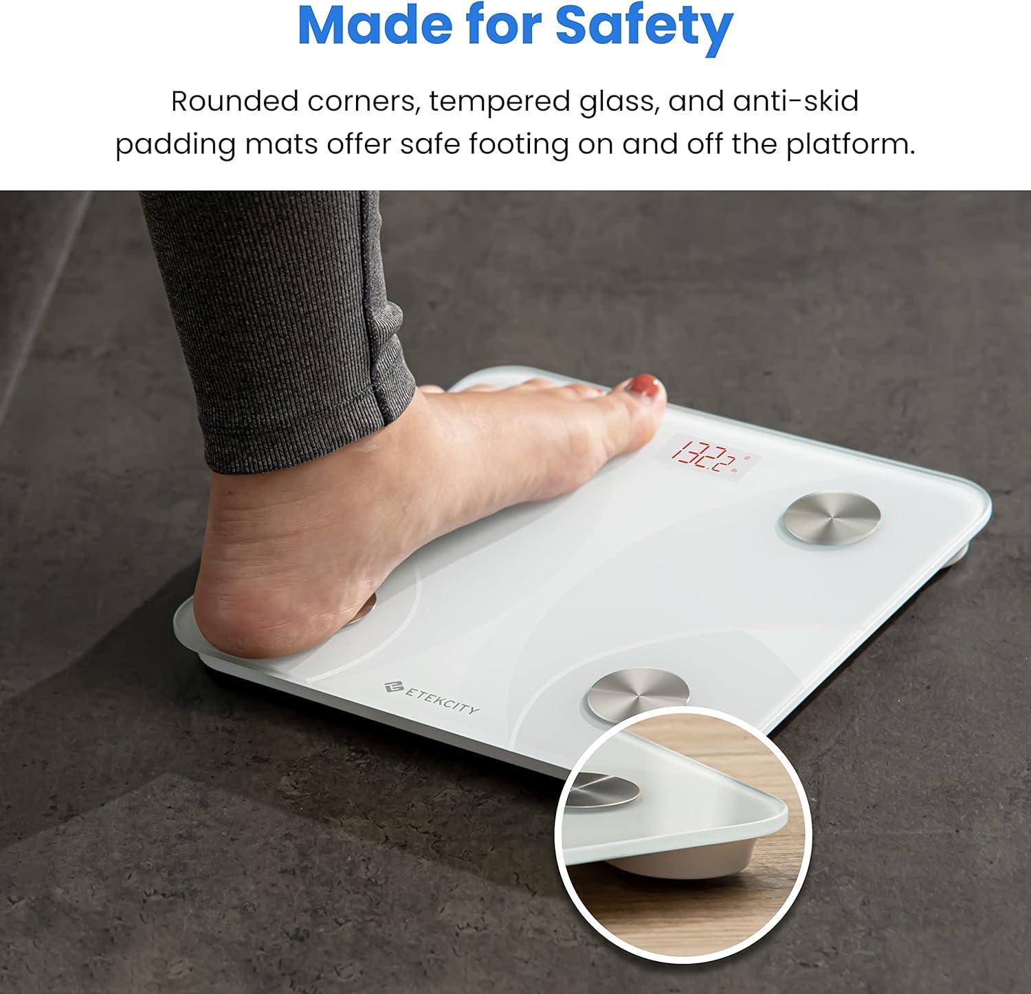 imageEtekcity Smart Scale for Body Weight FSAampHSA Eligible Bathroom Digital Weighing Scale with BMI Body Fat Muscle Mass Accurate Bluetooth Home User Health Equipment Sync Apps LED Tempered glassWhite