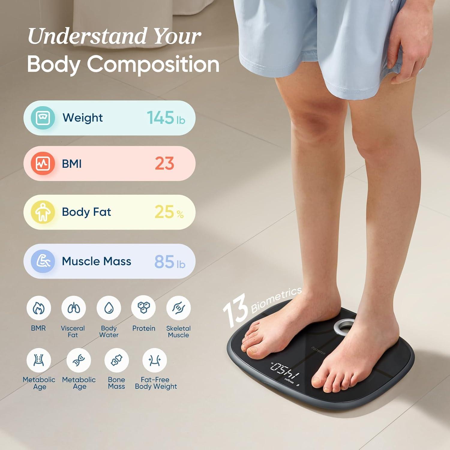 imageEtekcity Smart Scale for Body Weight FSAampHSA Eligible Bathroom Digital Weighing Scale with BMI Body Fat Muscle Mass Accurate Bluetooth Home User Health Equipment Sync Apps LED Tempered glassDark Black
