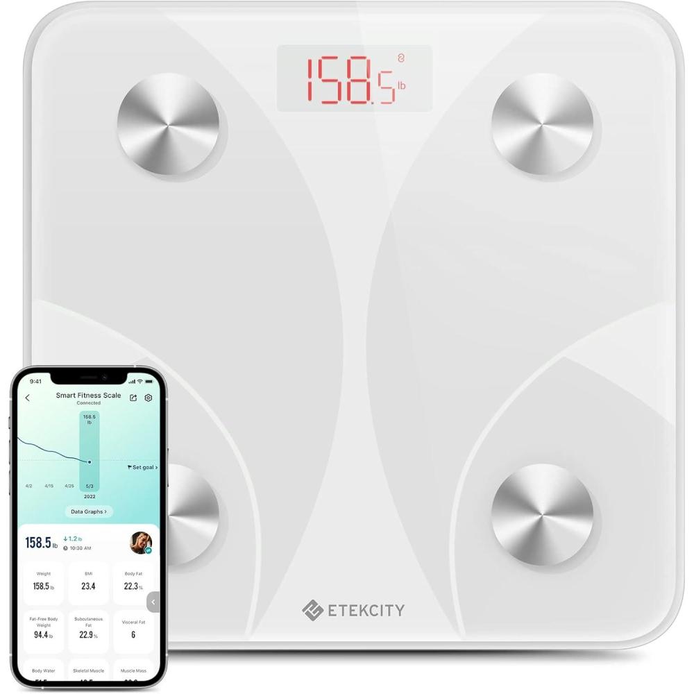 imageEtekcity Smart Scale for Body Weight FSAampHSA Eligible Bathroom Digital Weighing Scale with BMI Body Fat Muscle Mass Accurate Bluetooth Home User Health Equipment Sync Apps LED Tempered glassWhite