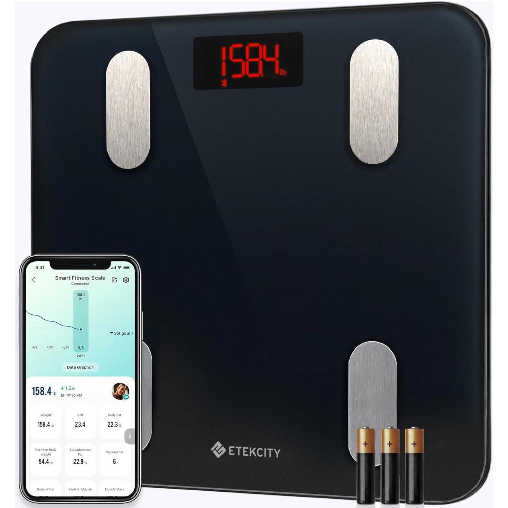 imageEtekcity Smart Scale for Body Weight FSAampHSA Eligible Bathroom Digital Weighing Scale with BMI Body Fat Muscle Mass Accurate Bluetooth Home User Health Equipment Sync Apps LED Tempered glassClassic Black