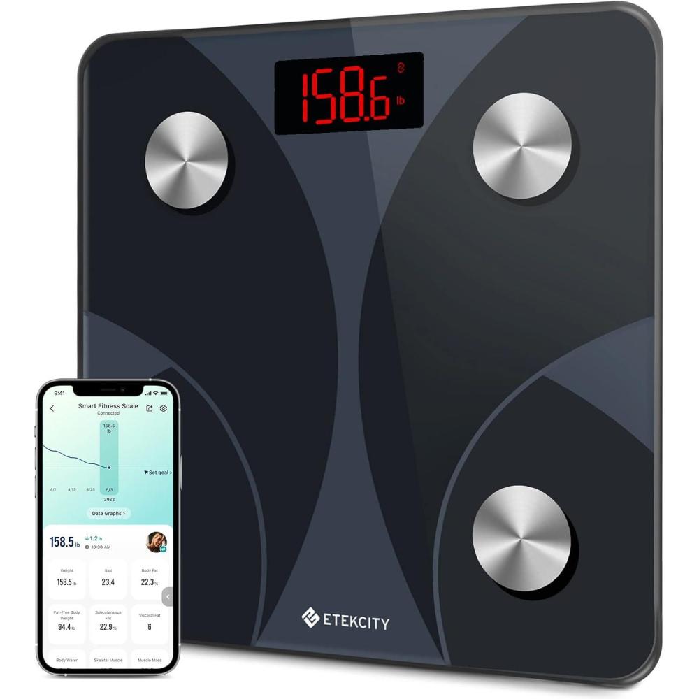 imageEtekcity Smart Scale for Body Weight FSAampHSA Eligible Bathroom Digital Weighing Scale with BMI Body Fat Muscle Mass Accurate Bluetooth Home User Health Equipment Sync Apps LED Tempered glassTextured Black