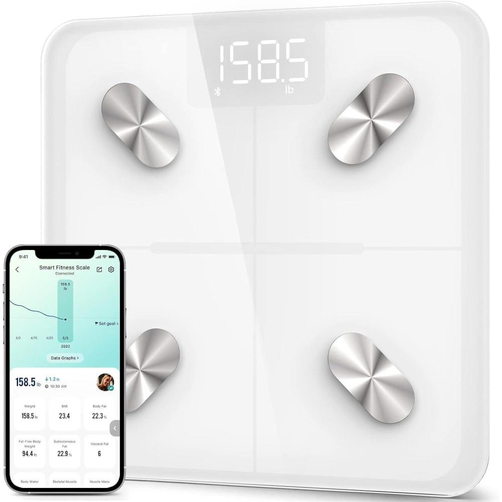 imageEtekcity Smart Scale for Body Weight FSAampHSA Eligible Bathroom Digital Weighing Scale with BMI Body Fat Muscle Mass Accurate Bluetooth Home User Health Equipment Sync Apps LED Tempered glassSnow White