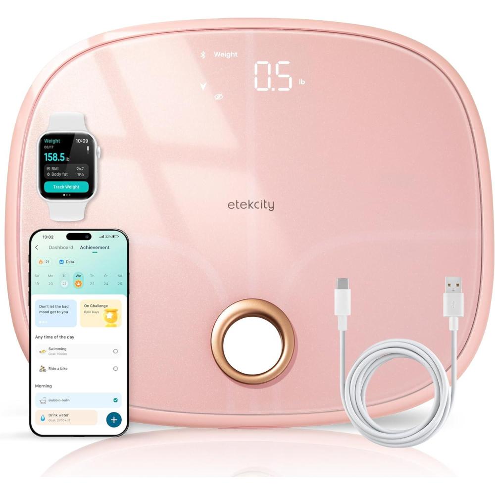 imageEtekcity Smart Scale for Body Weight FSAampHSA Eligible Bathroom Digital Weighing Scale with BMI Body Fat Muscle Mass Accurate Bluetooth Home User Health Equipment Sync Apps LED Tempered glassPink