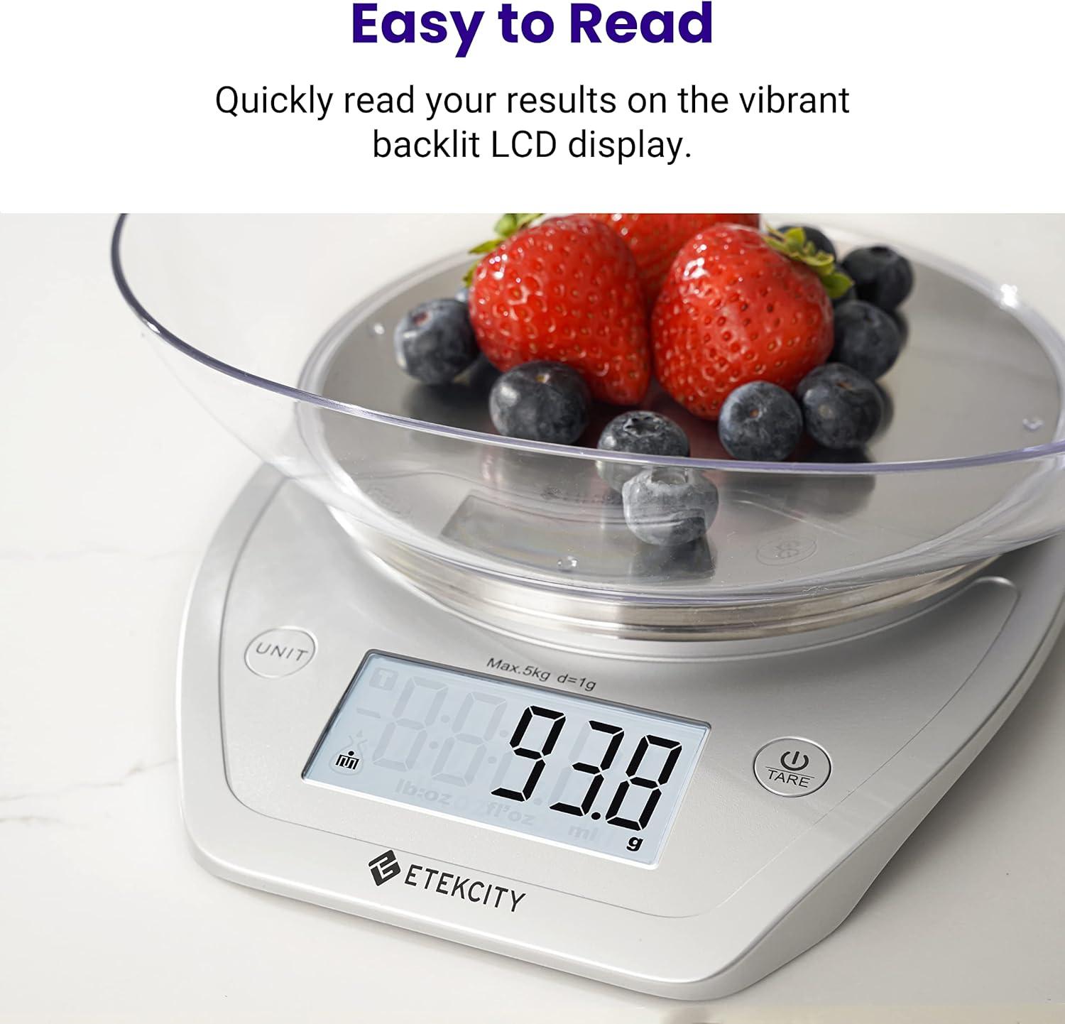 imageEtekcity Food Kitchen Scale with Bowl Digital Weight Scale for Food Ounces and Grams Cooking and Baking Timer and Temperature Sensor 206 QT Stainless SteelArctic Sliver