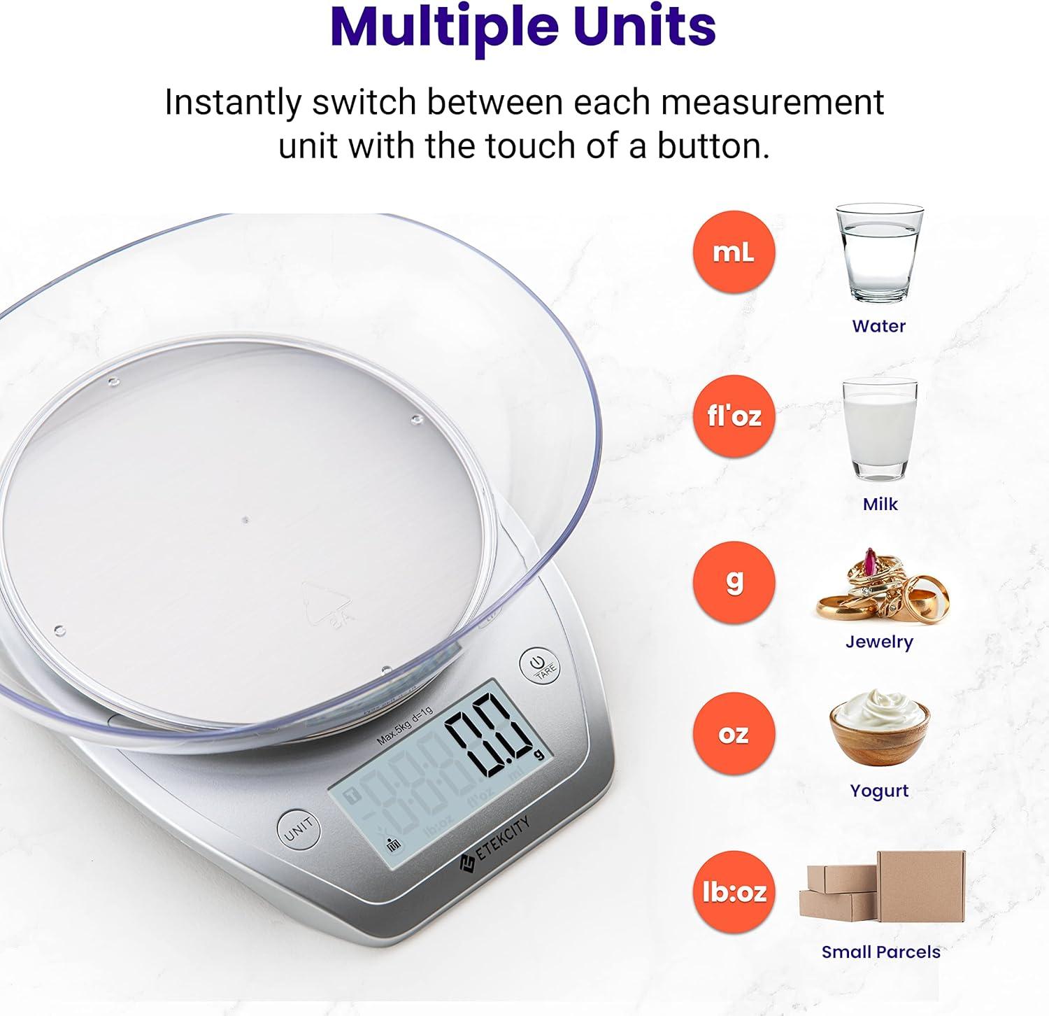imageEtekcity Food Kitchen Scale with Bowl Digital Weight Scale for Food Ounces and Grams Cooking and Baking Timer and Temperature Sensor 206 QT Stainless SteelArctic Sliver