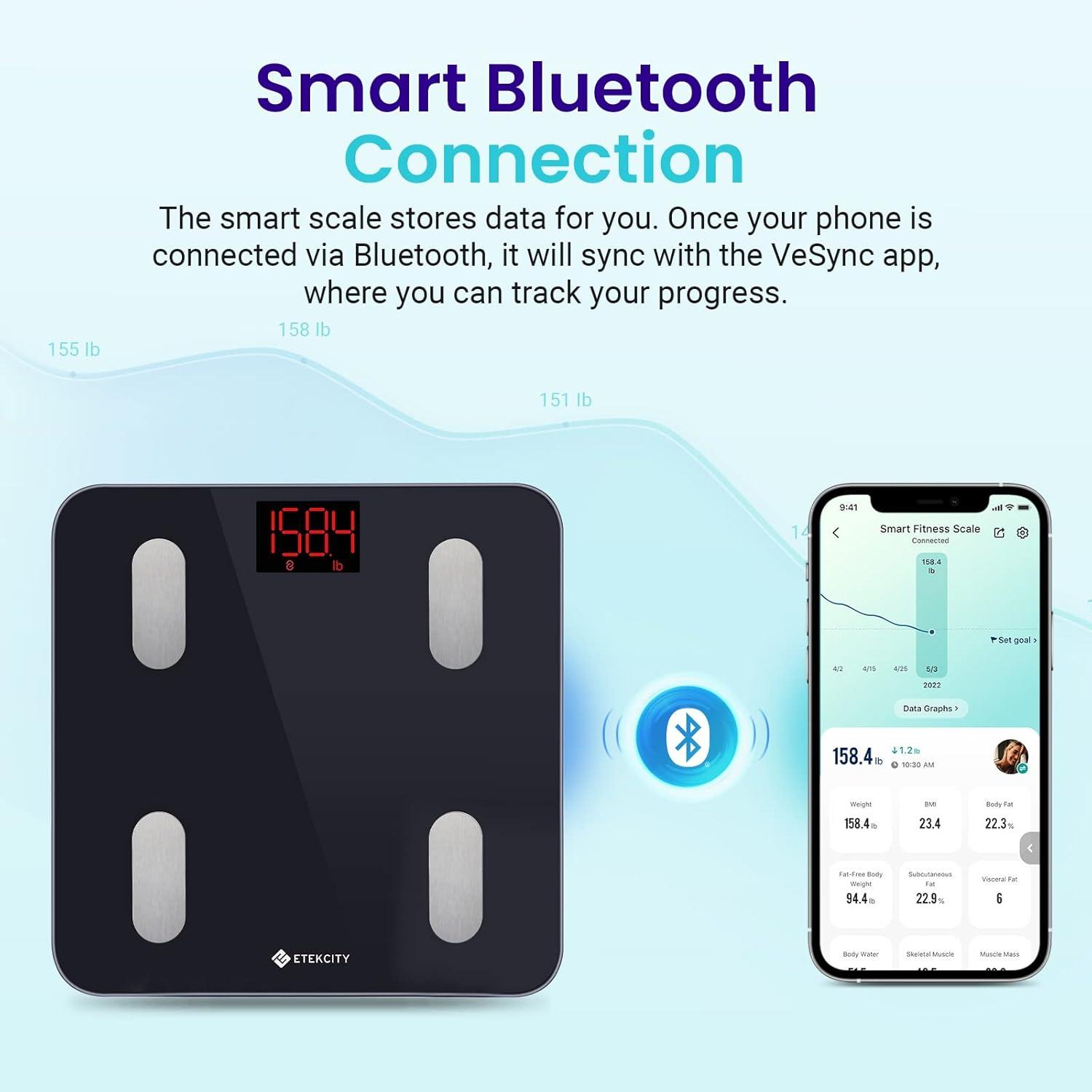 imageEtekcity Scales for Body Weight Bathroom Digital Weight Scale for Body Fat Smart Bluetooth Scale for BMI and Weight Loss Sync 13 Data with Other Fitness Apps Black 11x11 Inch