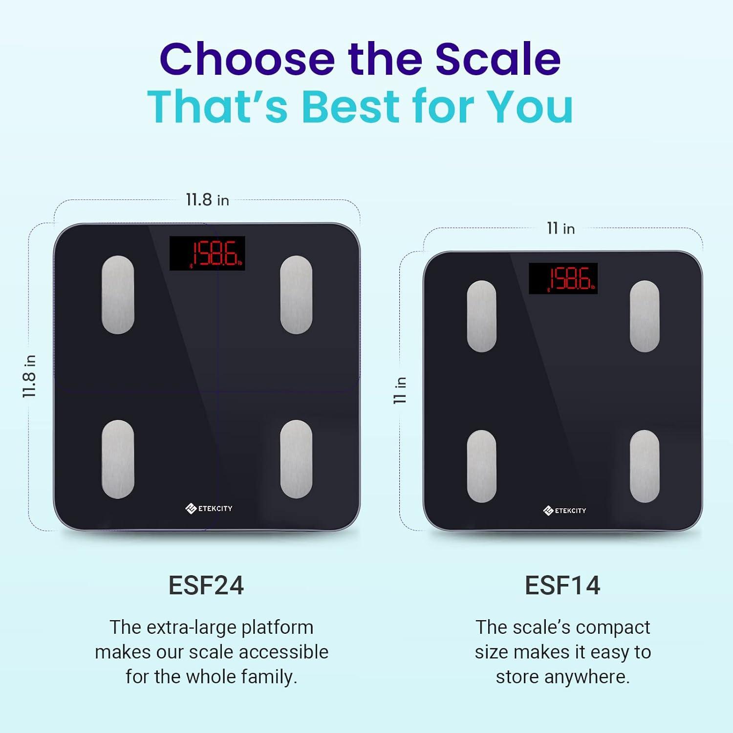 imageEtekcity Scales for Body Weight Bathroom Digital Weight Scale for Body Fat Smart Bluetooth Scale for BMI and Weight Loss Sync 13 Data with Other Fitness Apps Black 11x11 Inch