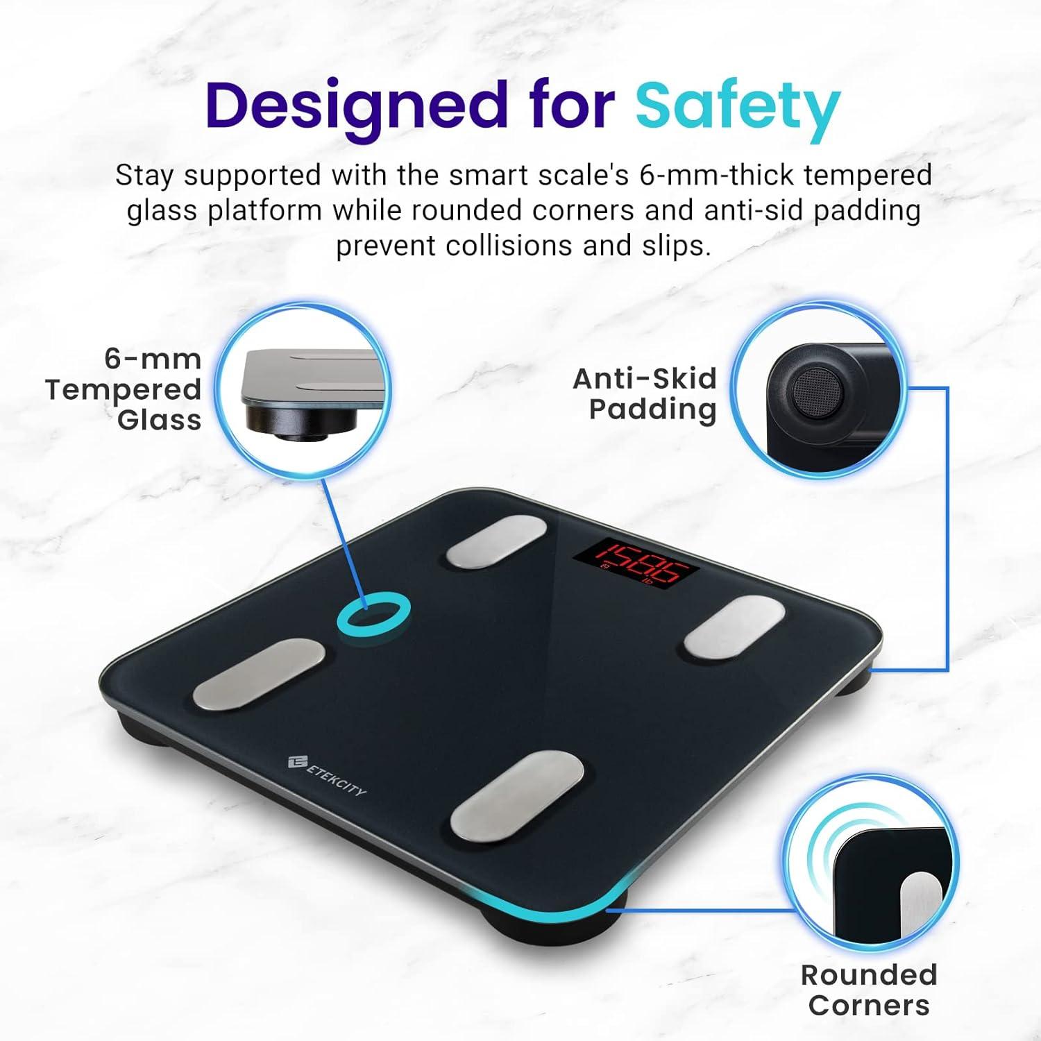 imageEtekcity Scales for Body Weight Bathroom Digital Weight Scale for Body Fat Smart Bluetooth Scale for BMI and Weight Loss Sync 13 Data with Other Fitness Apps Black 11x11 Inch
