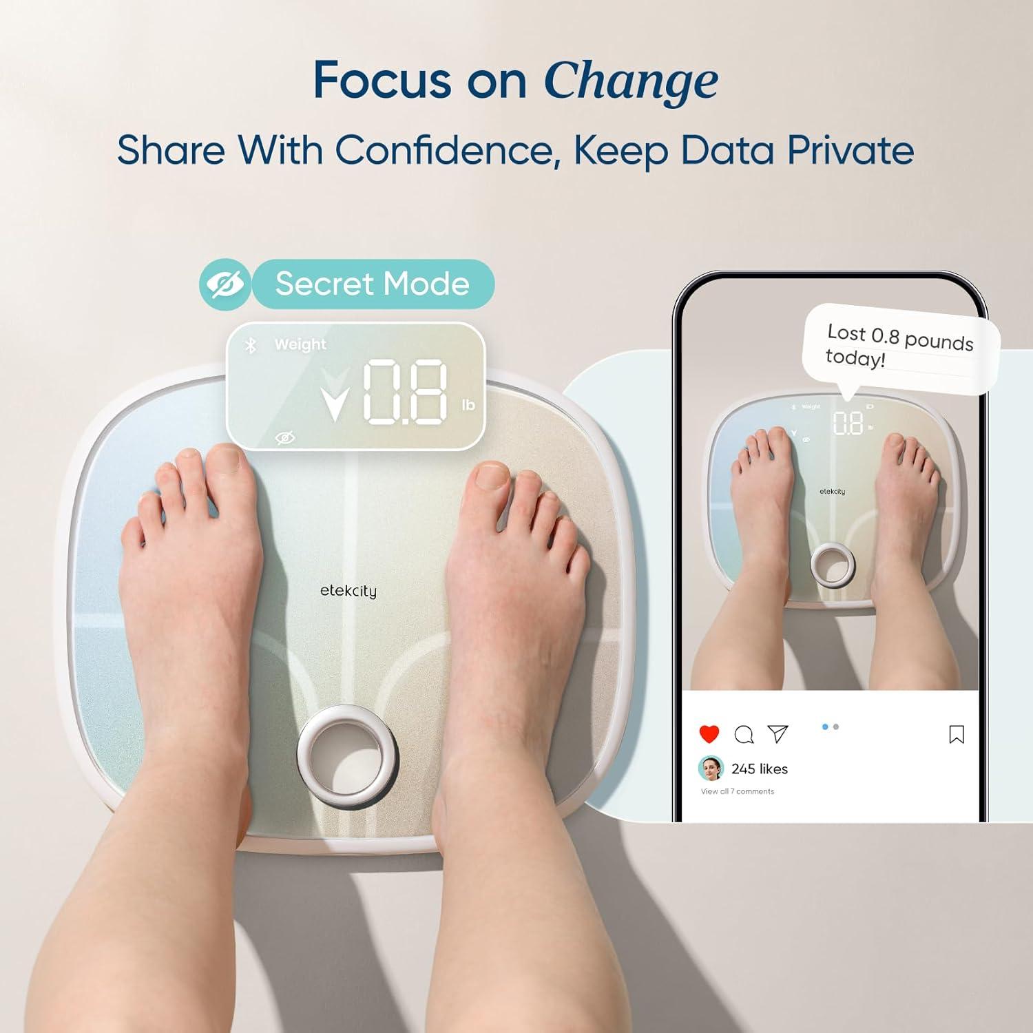 imageEtekcity Smart Rechargeable Scale for Body Weight BMI Fat Muscle Mass FSAampHSA Eligible Digital Bathroom Scale with 13 Metrics Secret Mode Bluetooth Connect to Free Apps Rainbow WhiteRainbow White