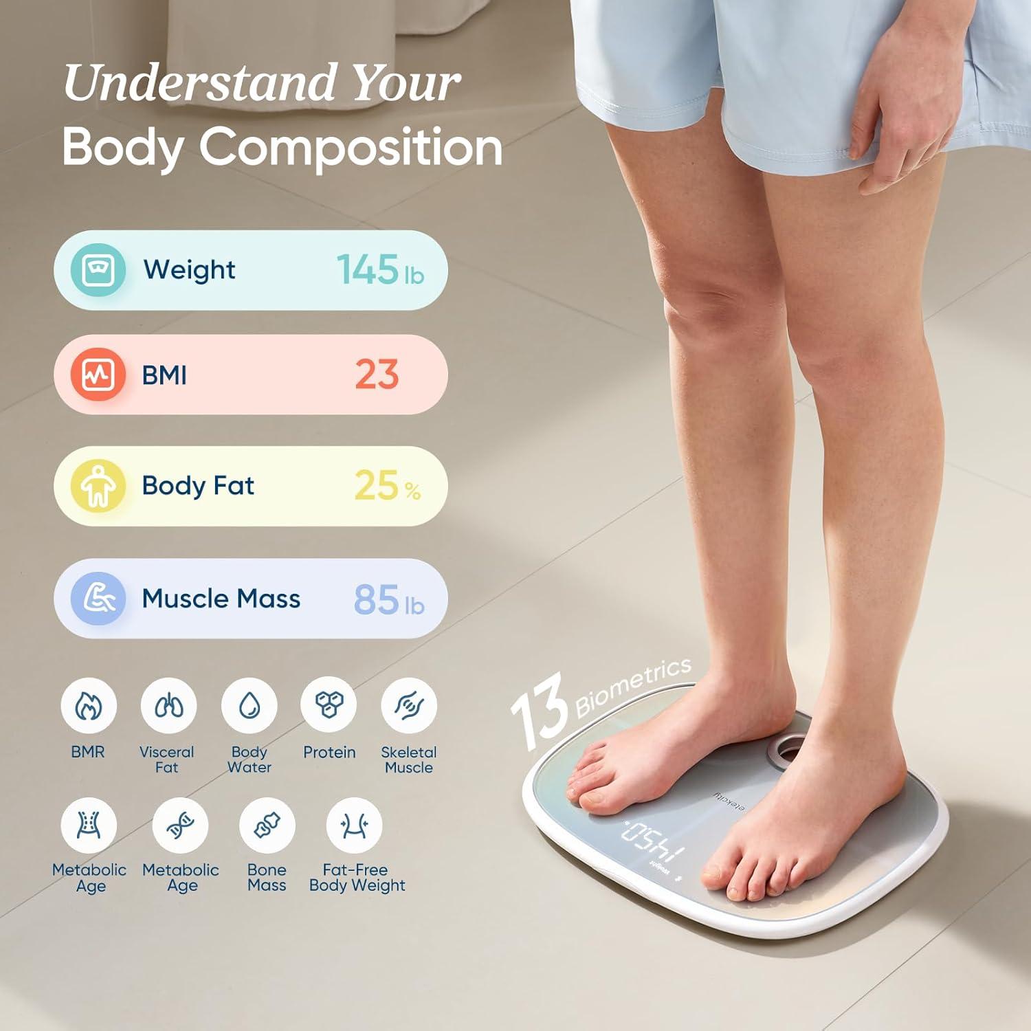 imageEtekcity Smart Rechargeable Scale for Body Weight BMI Fat Muscle Mass FSAampHSA Eligible Digital Bathroom Scale with 13 Metrics Secret Mode Bluetooth Connect to Free Apps Rainbow WhiteRainbow White