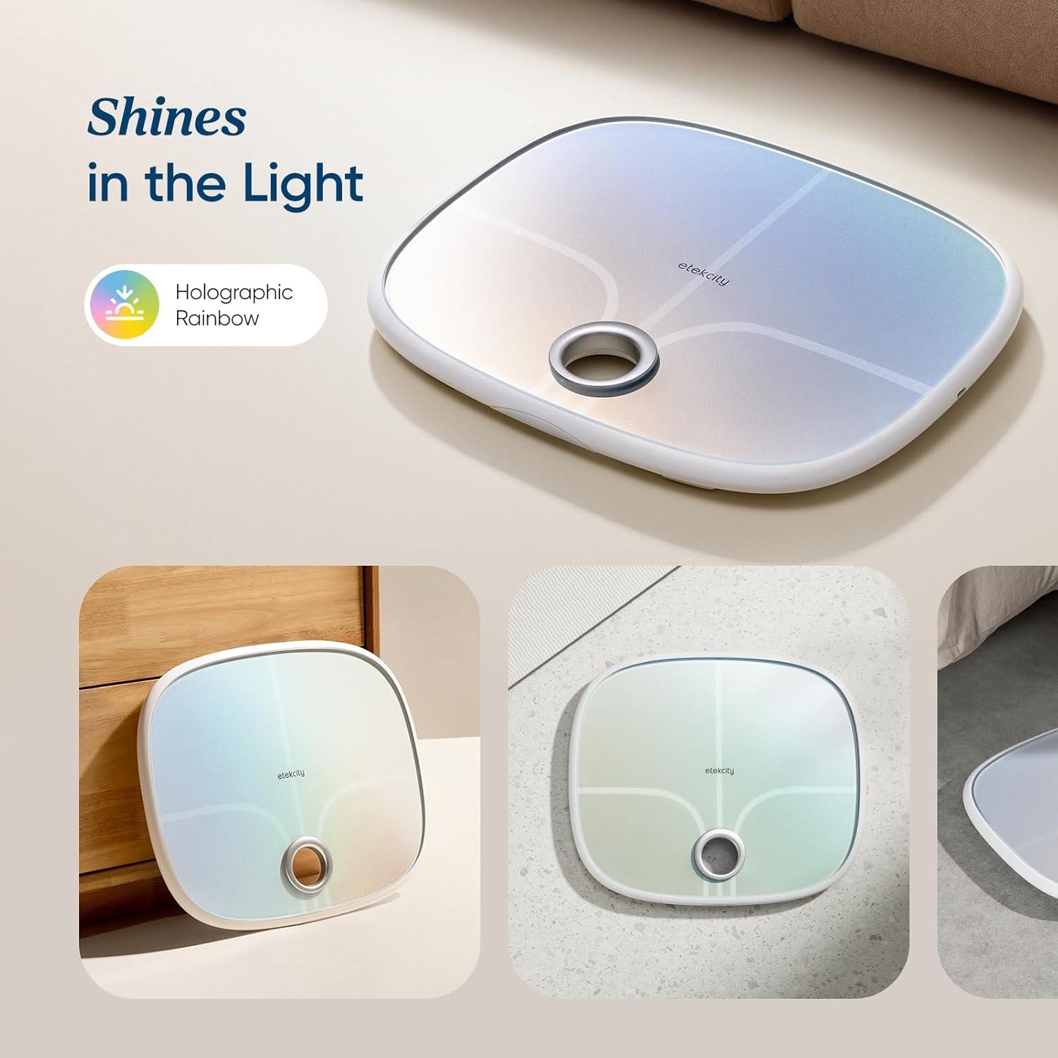 imageEtekcity Smart Rechargeable Scale for Body Weight BMI Fat Muscle Mass FSAampHSA Eligible Digital Bathroom Scale with 13 Metrics Secret Mode Bluetooth Connect to Free Apps Rainbow WhiteRainbow White
