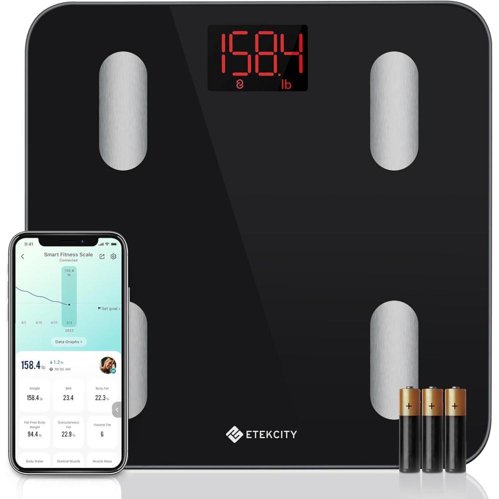 imageEtekcity Scales for Body Weight Bathroom Digital Weight Scale for Body Fat Smart Bluetooth Scale for BMI and Weight Loss Sync 13 Data with Other Fitness Apps Black 11x11 Inch