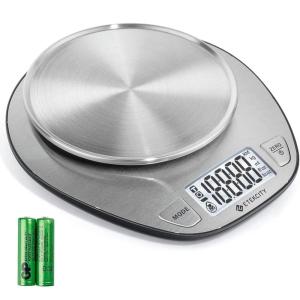 Etekcity 11lb/5kg Stainless Steel Digital Kitchen Food Scales, with Liquid Volume Measurement Function, Auto Zero/Tare and Large Backlight LCD Display, Silver(Basic-1 g round)