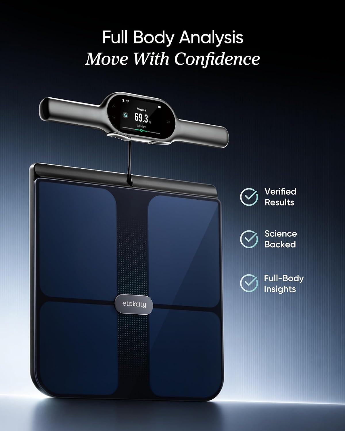 image:imageEtekcity WiFi 8Electrode Smart Scale for Body Weight and Fat Body Composition Scale with Color Handle Display 50 Metrics 5Segment Analysis WiFi Auto Sync and USBC ChargingBlack