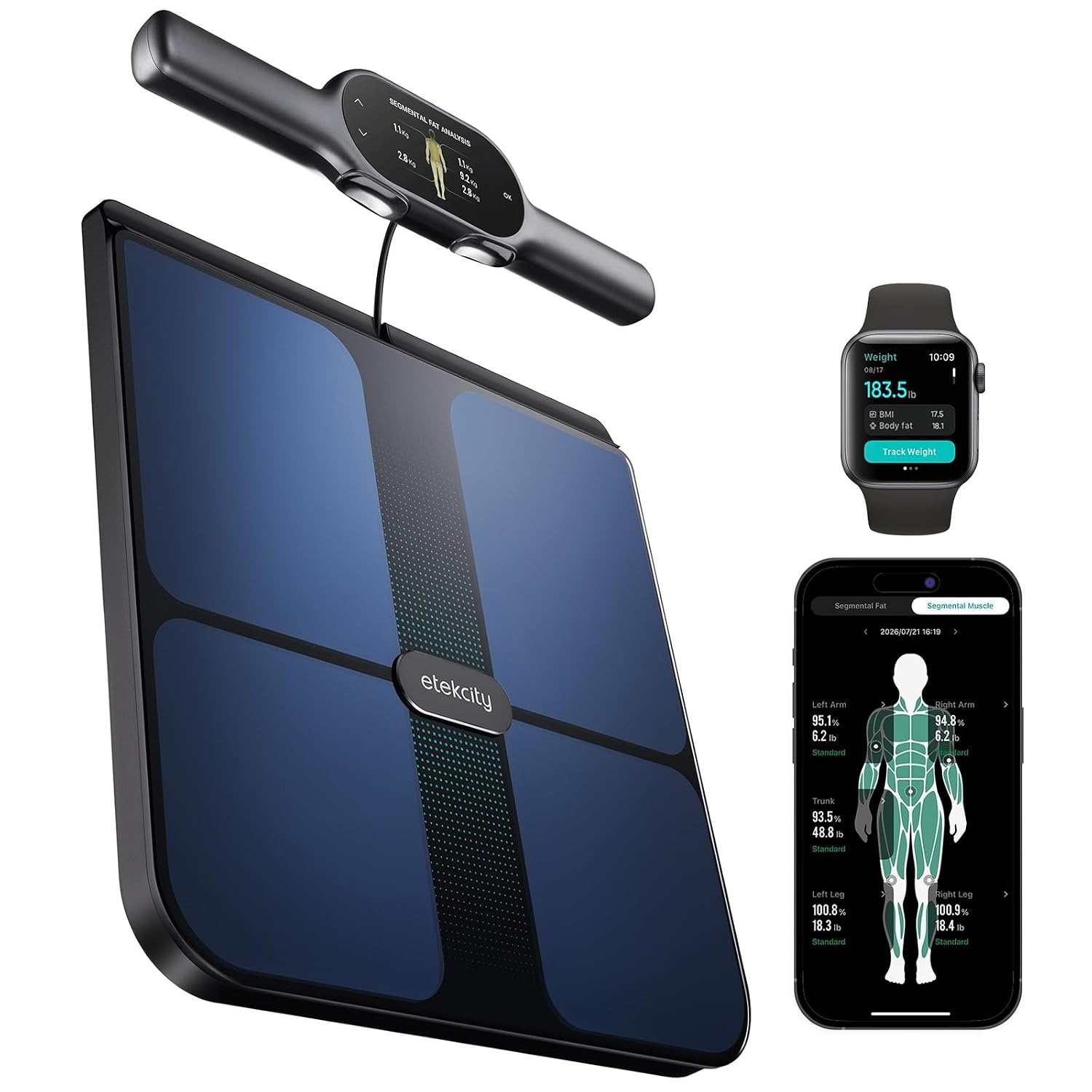 image:imageEtekcity WiFi 8Electrode Smart Scale for Body Weight and Fat Body Composition Scale with Color Handle Display 50 Metrics 5Segment Analysis WiFi Auto Sync and USBC ChargingBlack