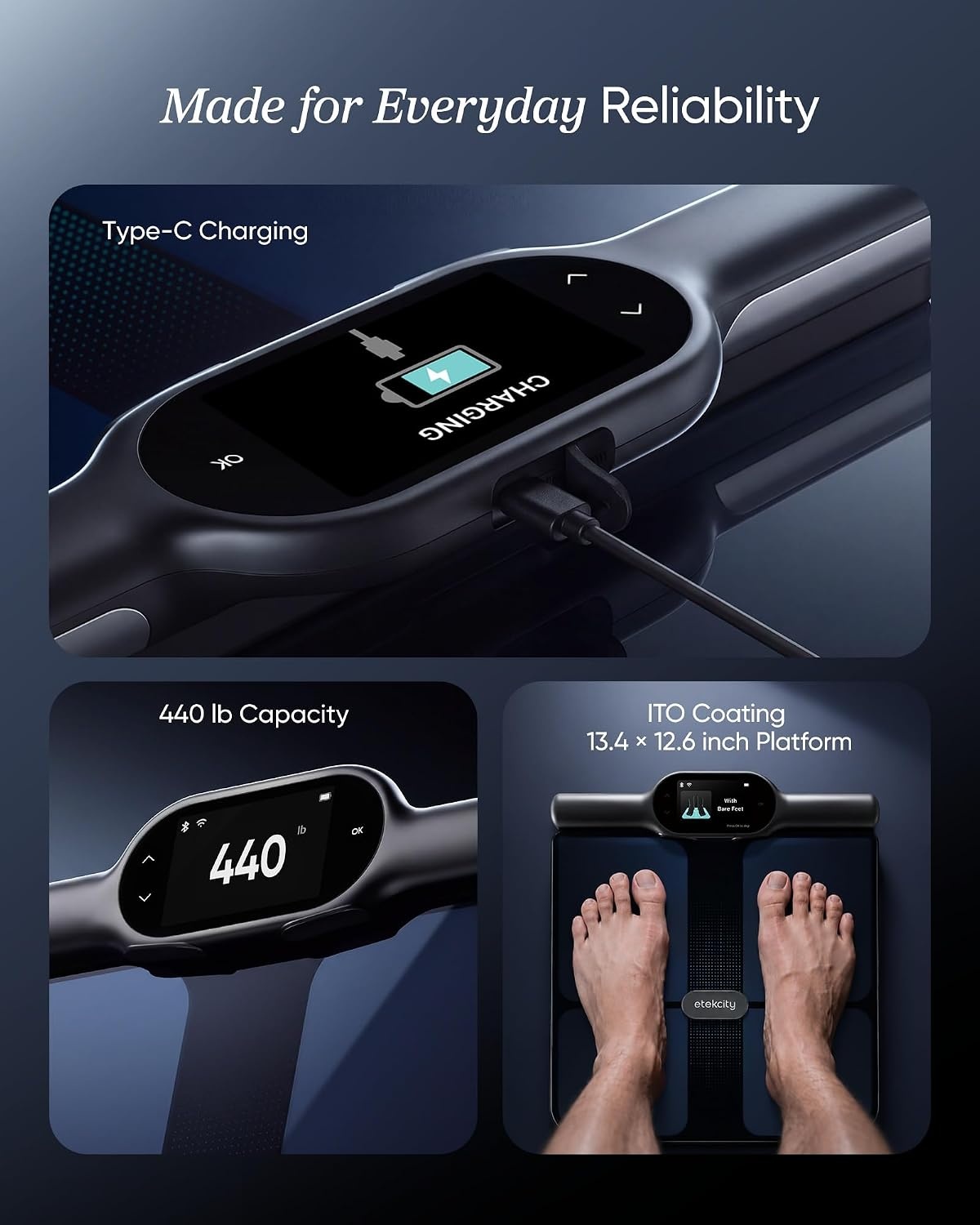 image:imageEtekcity WiFi 8Electrode Smart Scale for Body Weight and Fat Body Composition Scale with Color Handle Display 50 Metrics 5Segment Analysis WiFi Auto Sync and USBC ChargingBlack