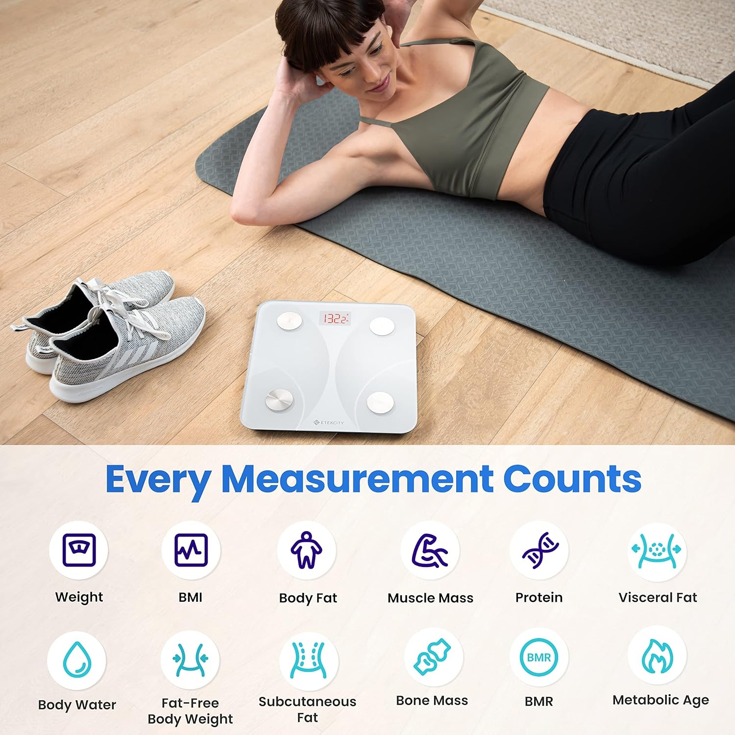image:imageEtekcity WiFi 8Electrode Smart Scale for Body Weight and Fat Body Composition Scale with Color Handle Display 50 Metrics 5Segment Analysis WiFi Auto Sync and USBC ChargingWhite