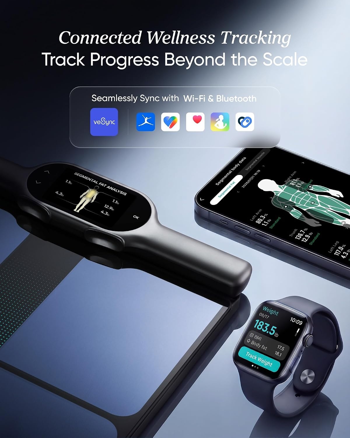 image:imageEtekcity WiFi 8Electrode Smart Scale for Body Weight and Fat Body Composition Scale with Color Handle Display 50 Metrics 5Segment Analysis WiFi Auto Sync and USBC ChargingBlack