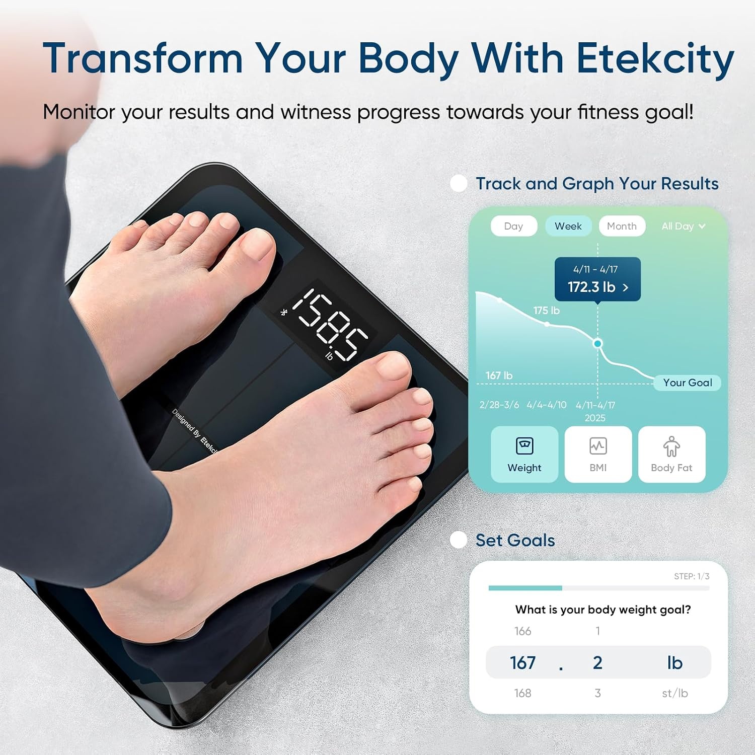 image:imageEtekcity WiFi 8Electrode Smart Scale for Body Weight and Fat Body Composition Scale with Color Handle Display 50 Metrics 5Segment Analysis WiFi Auto Sync and USBC ChargingBlack